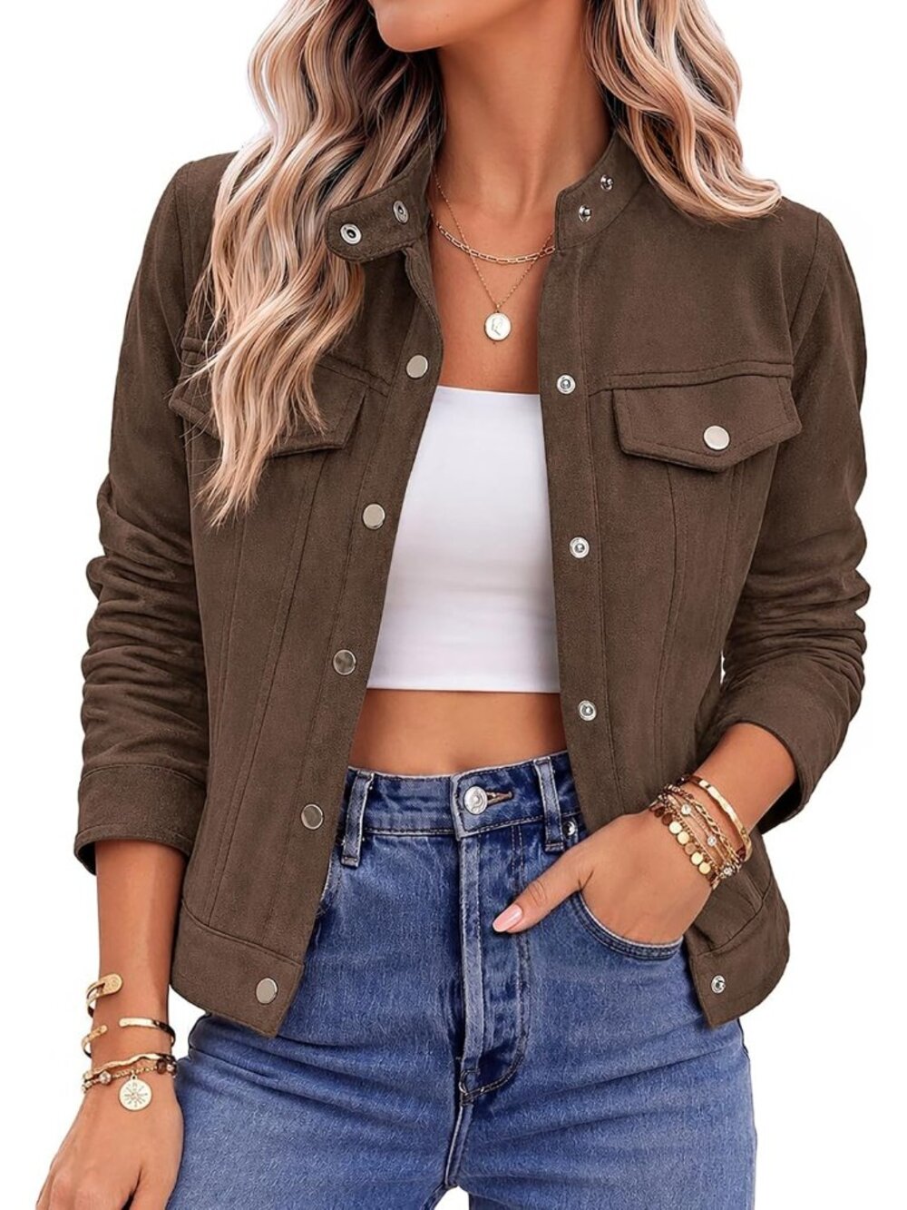 〽️Women Chocolate Faux Suede Crop Button Down Collared Trendy Fall Shacket Coat